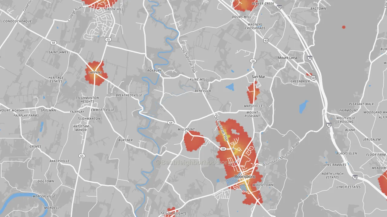 Walk Grade map of Boonsboro, MD, walkable areas in green and car-dependent areas in red