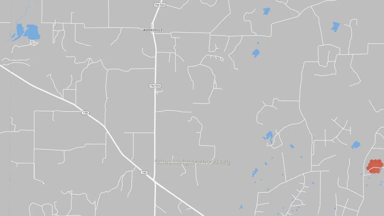 Walk Grade map of Boonsville, TX, walkable areas in green and car-dependent areas in red