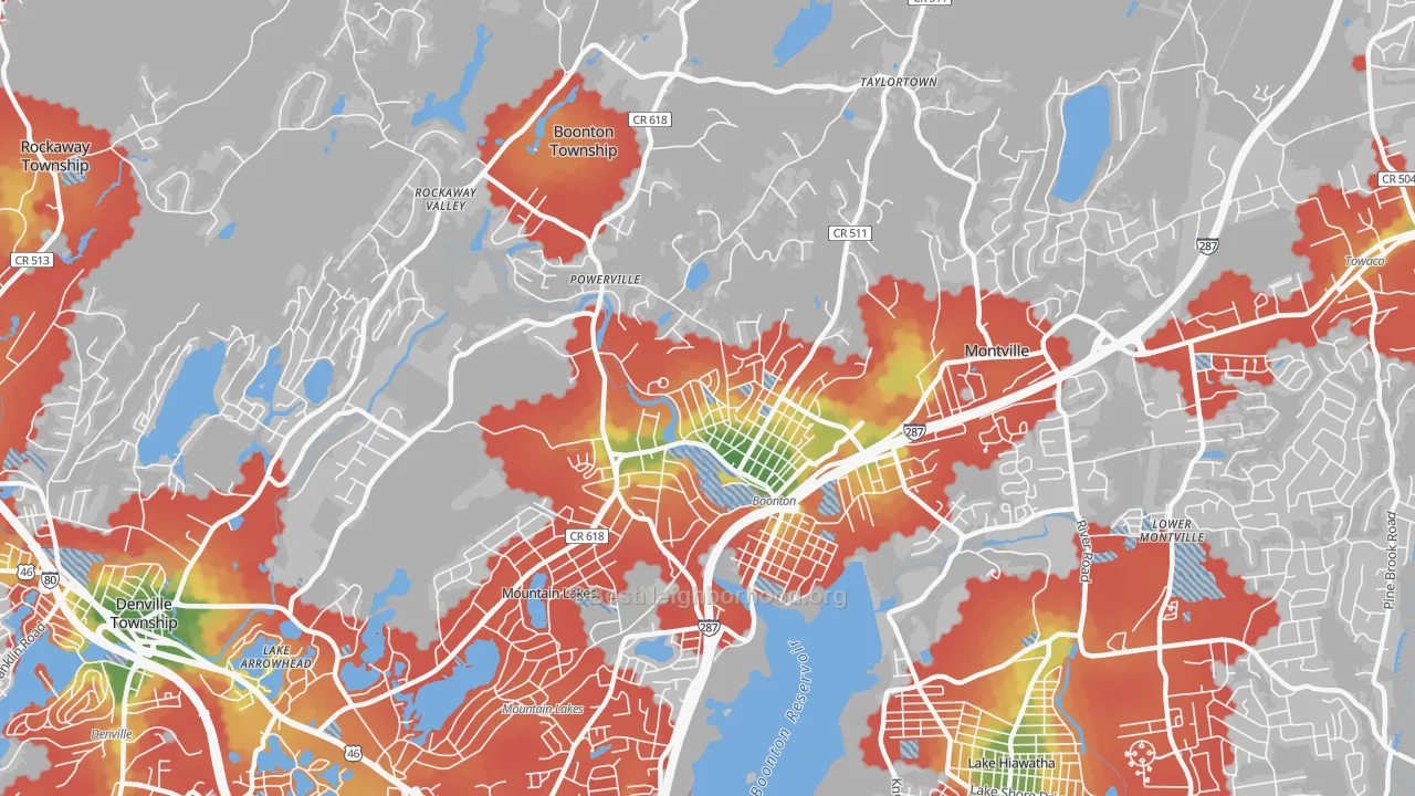 Walk Grade map of Boonton, NJ, walkable areas in green and car-dependent areas in red