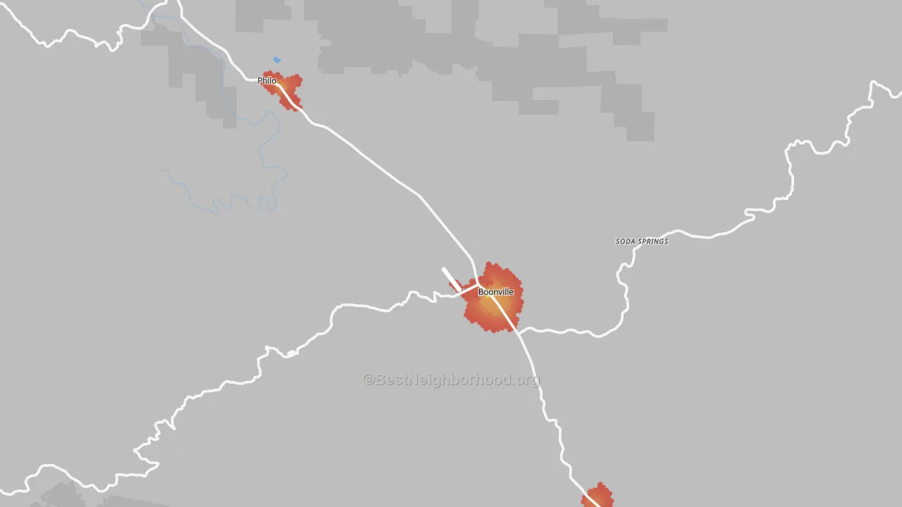 Walk Grade map of Boonville, CA, walkable areas in green and car-dependent areas in red