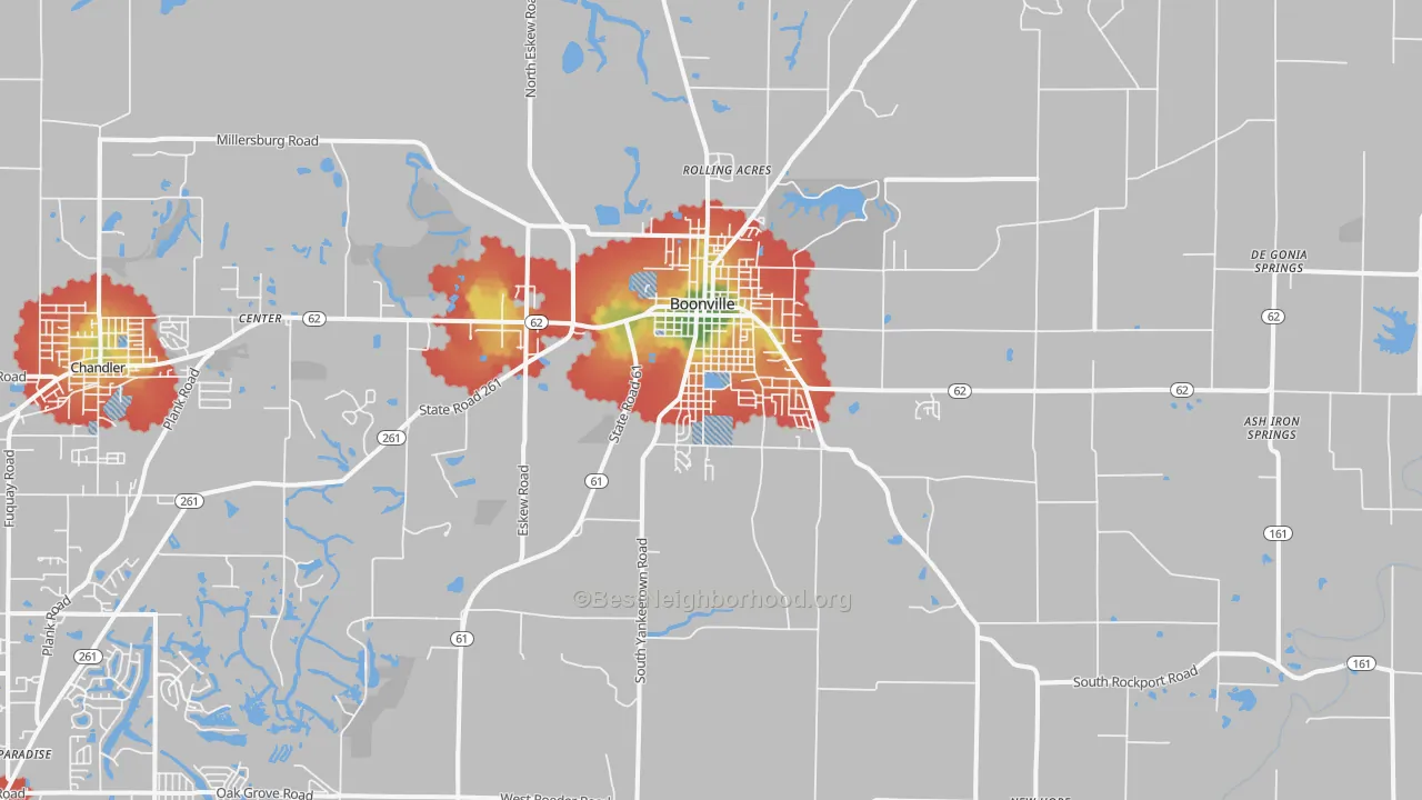 Walk Grade map of Boonville, IN, walkable areas in green and car-dependent areas in red