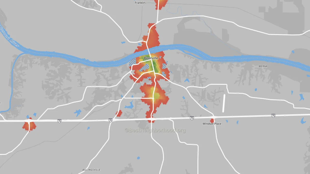 Walk Grade map of Boonville, MO, walkable areas in green and car-dependent areas in red
