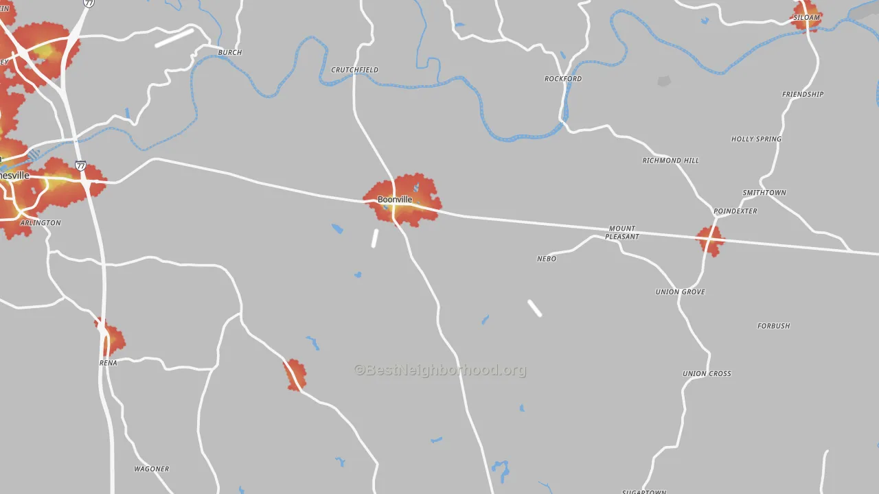 Walk Grade map of Boonville, NC, walkable areas in green and car-dependent areas in red