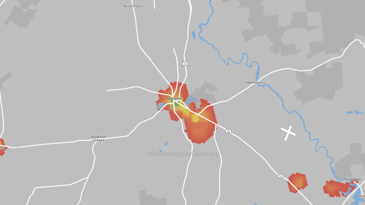 Walk Grade map of Boonville, NY, walkable areas in green and car-dependent areas in red