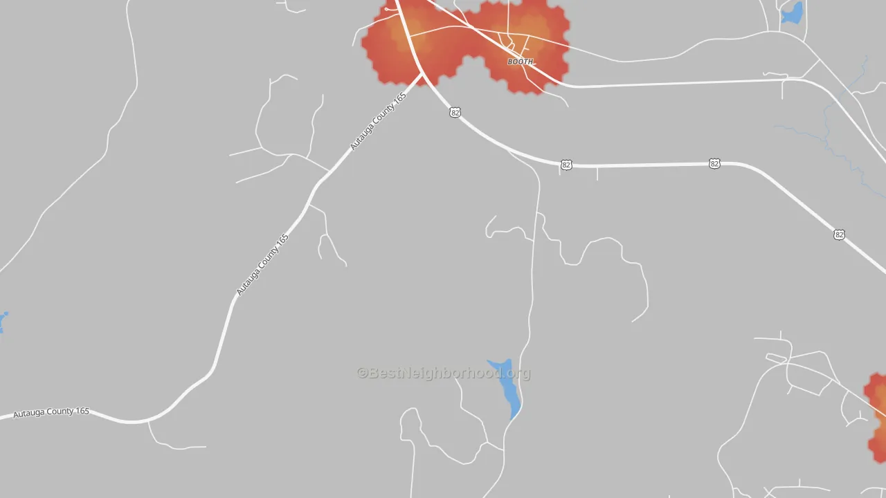 Walk Grade map of Booth, AL, walkable areas in green and car-dependent areas in red