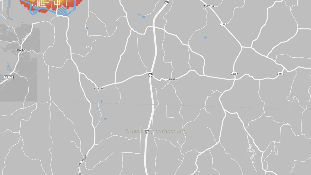 Walk Grade map of Booth, OH, walkable areas in green and car-dependent areas in red