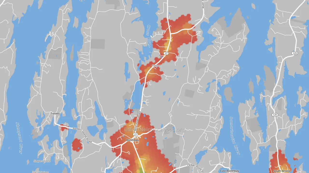 Walk Grade map of Boothbay, ME, walkable areas in green and car-dependent areas in red
