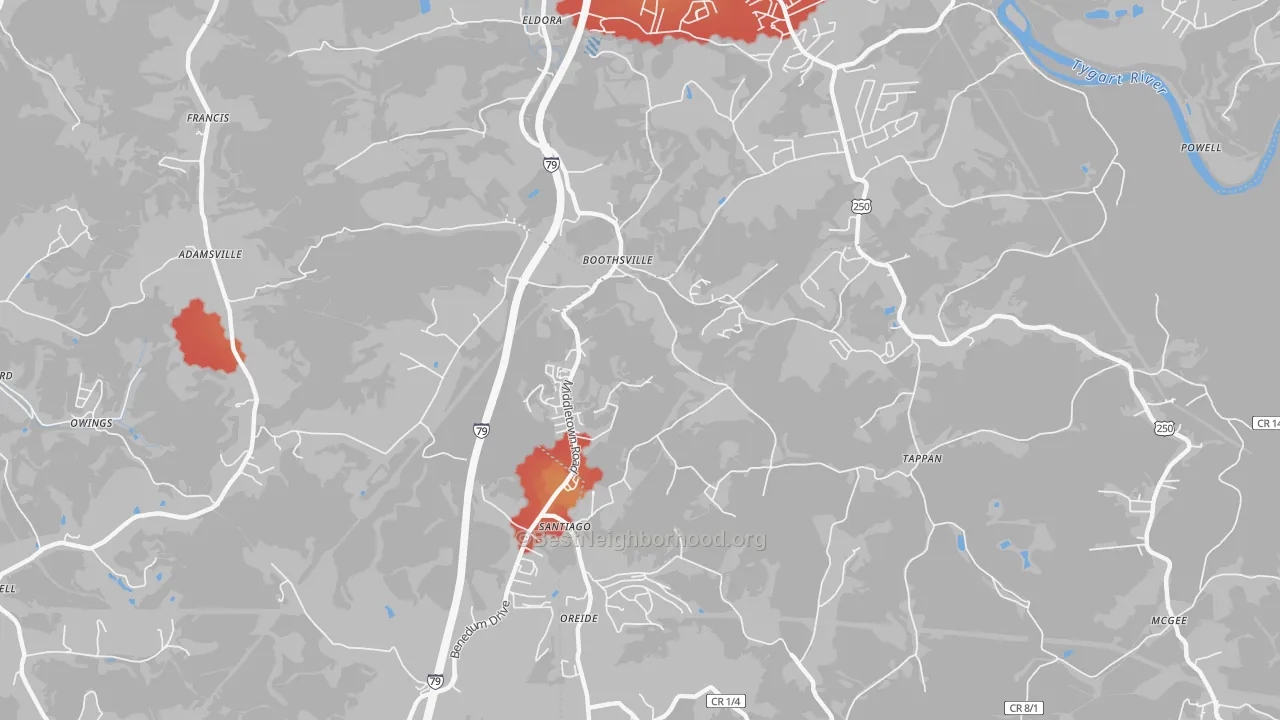 Walk Grade map of Boothsville, WV, walkable areas in green and car-dependent areas in red