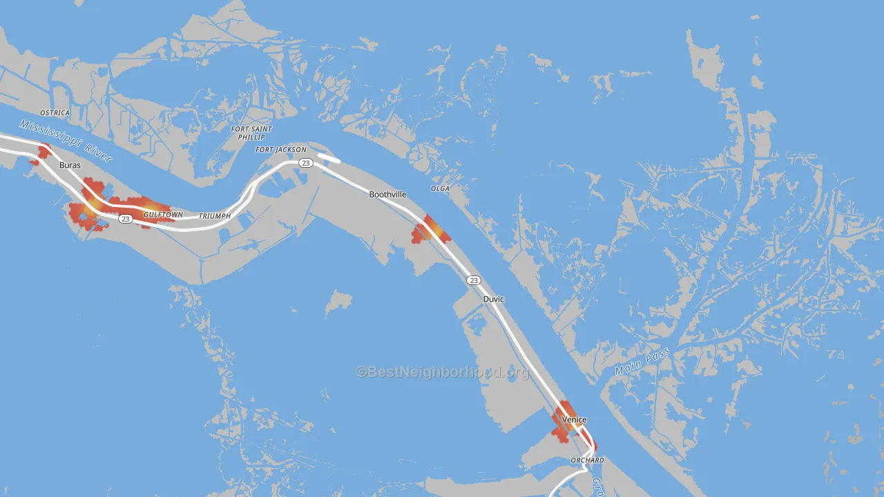 Walk Grade map of Boothville, LA, walkable areas in green and car-dependent areas in red