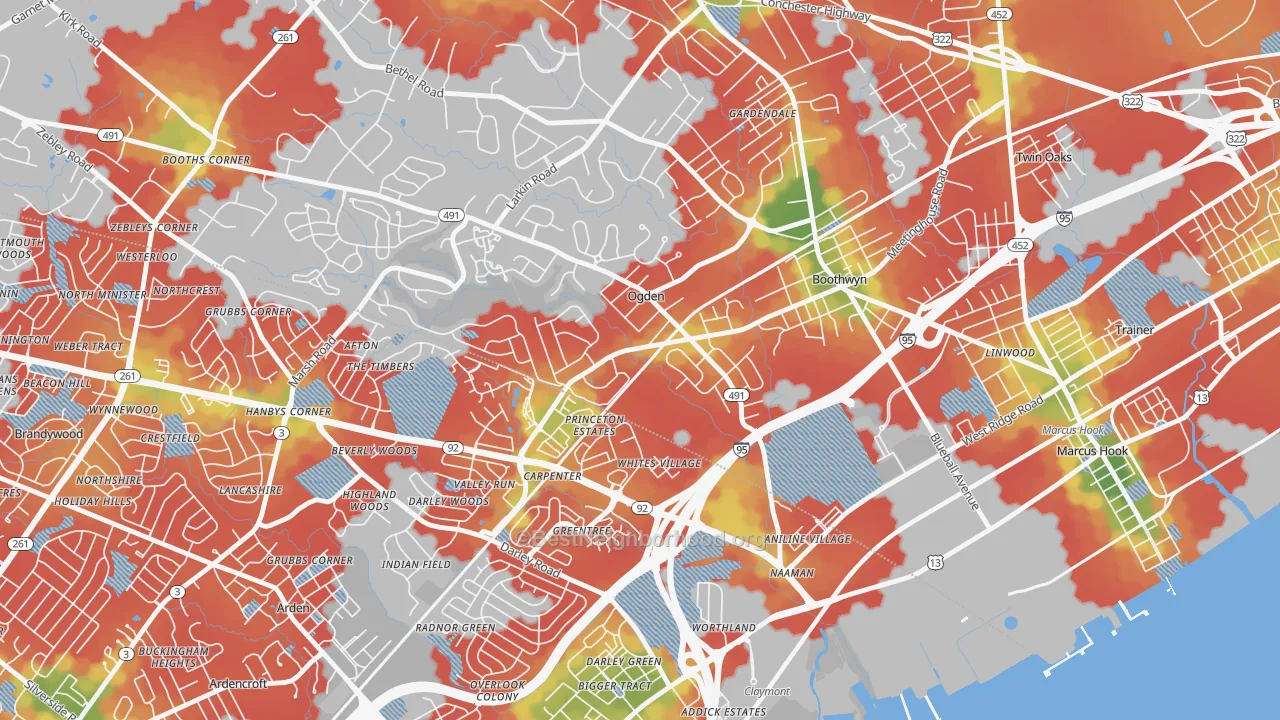 Walk Grade map of Boothwyn, PA, walkable areas in green and car-dependent areas in red