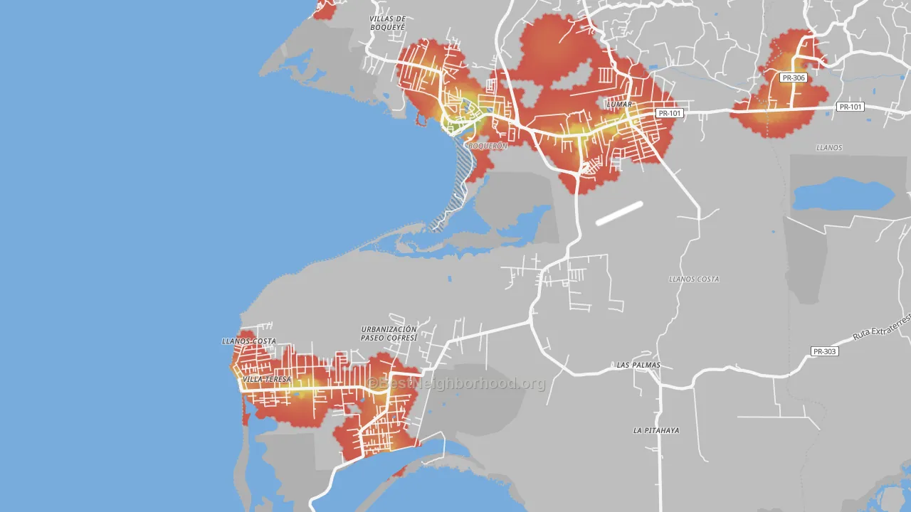 Walk Grade map of Boqueron, PR, walkable areas in green and car-dependent areas in red