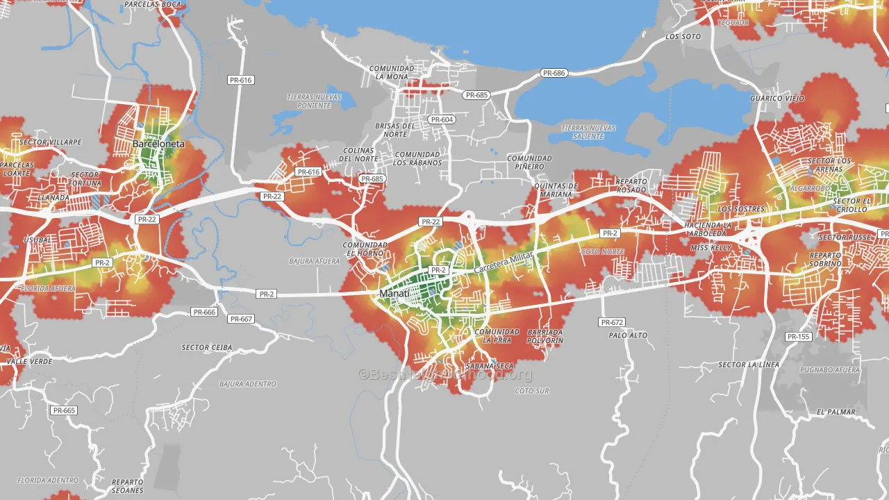 Walk Grade map of Boquillas, PR, walkable areas in green and car-dependent areas in red