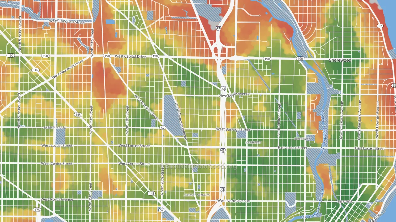 Walk Grade map of Borchert Field, Milwaukee, WI, walkable areas in green and car-dependent areas in red