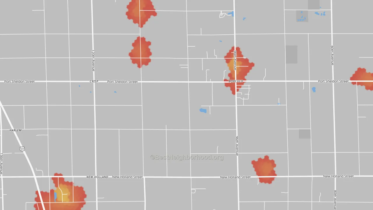 Walk Grade map of Borculo, MI, walkable areas in green and car-dependent areas in red