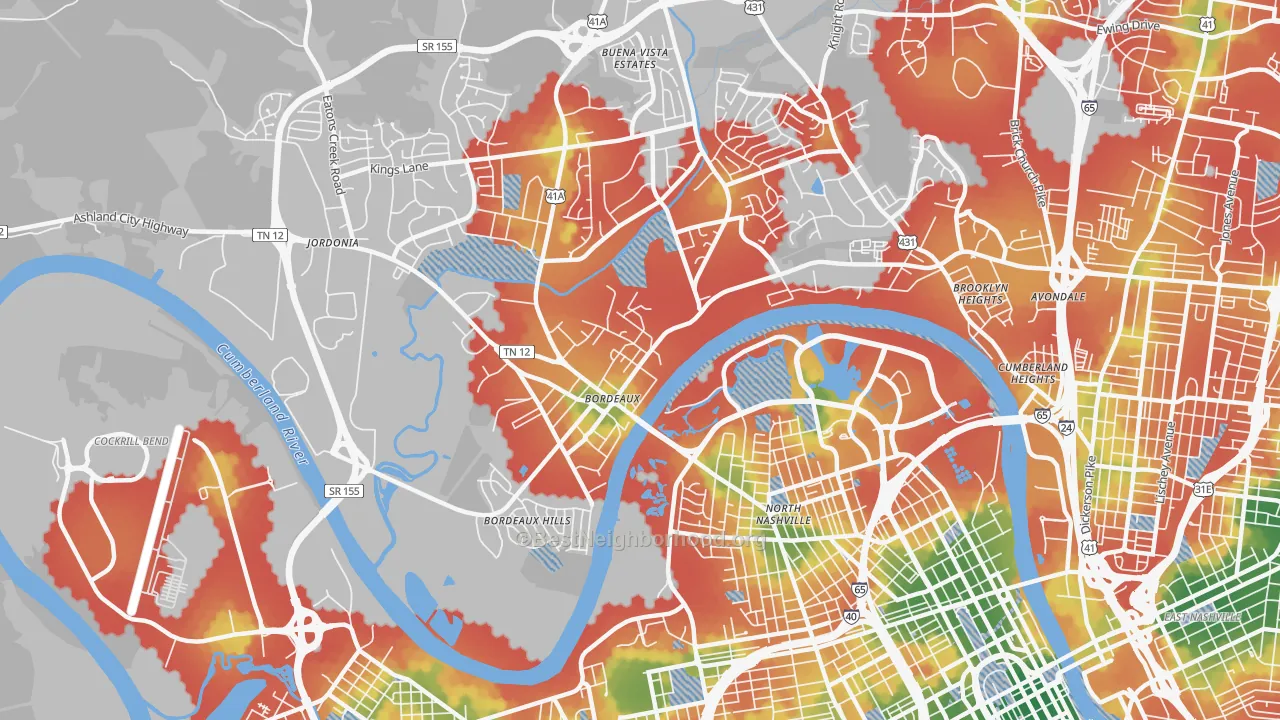 Walk Grade map of Bordeaux, Nashville, TN, walkable areas in green and car-dependent areas in red