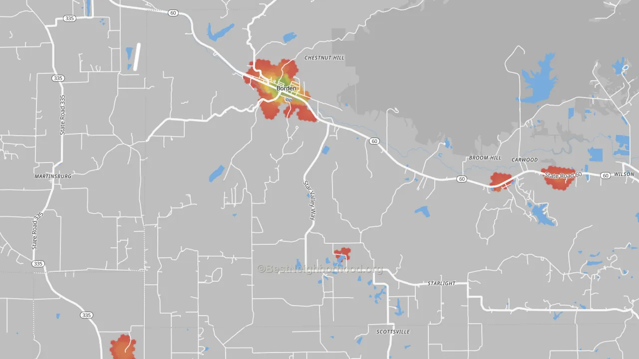 Walk Grade map of Borden, IN, walkable areas in green and car-dependent areas in red