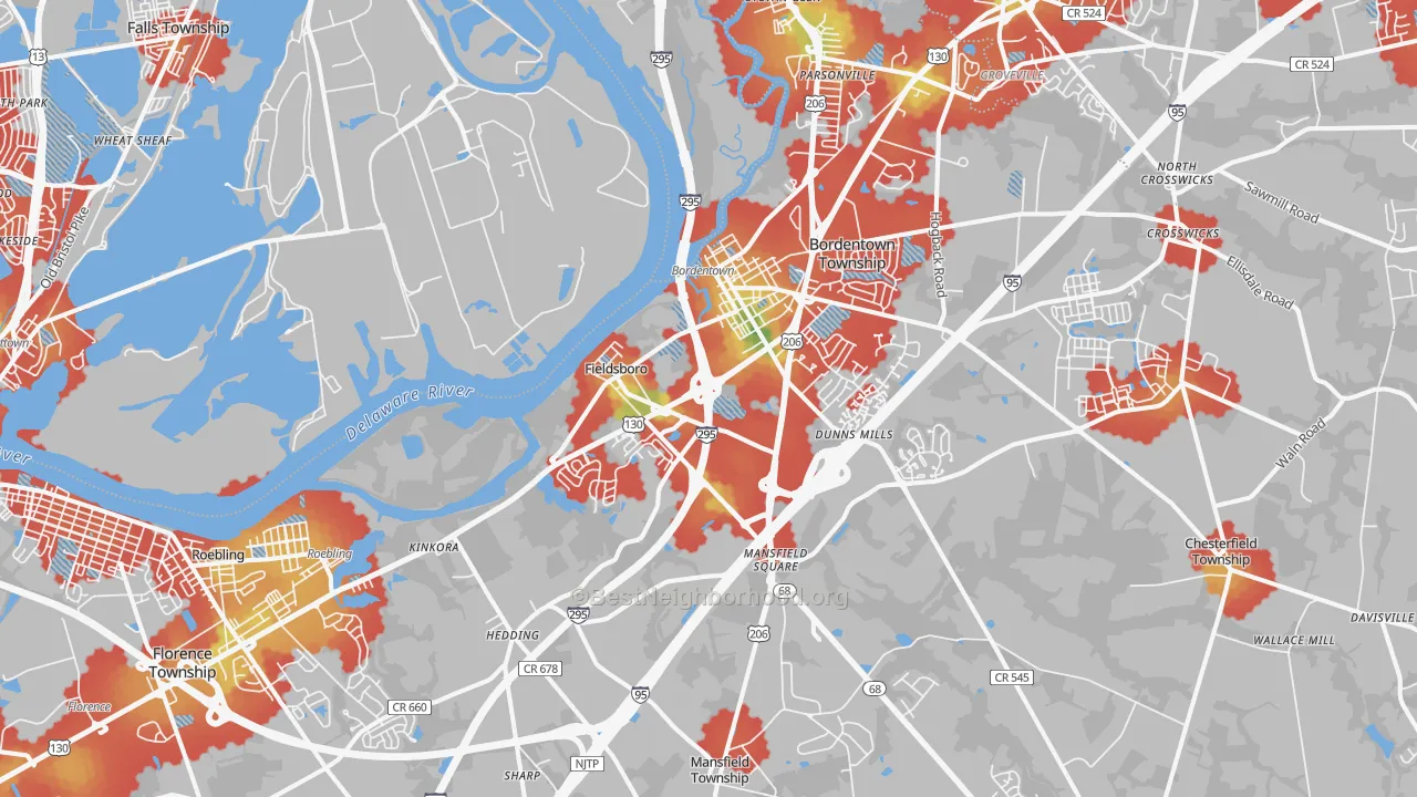 Walk Grade map of Bordentown, NJ, walkable areas in green and car-dependent areas in red