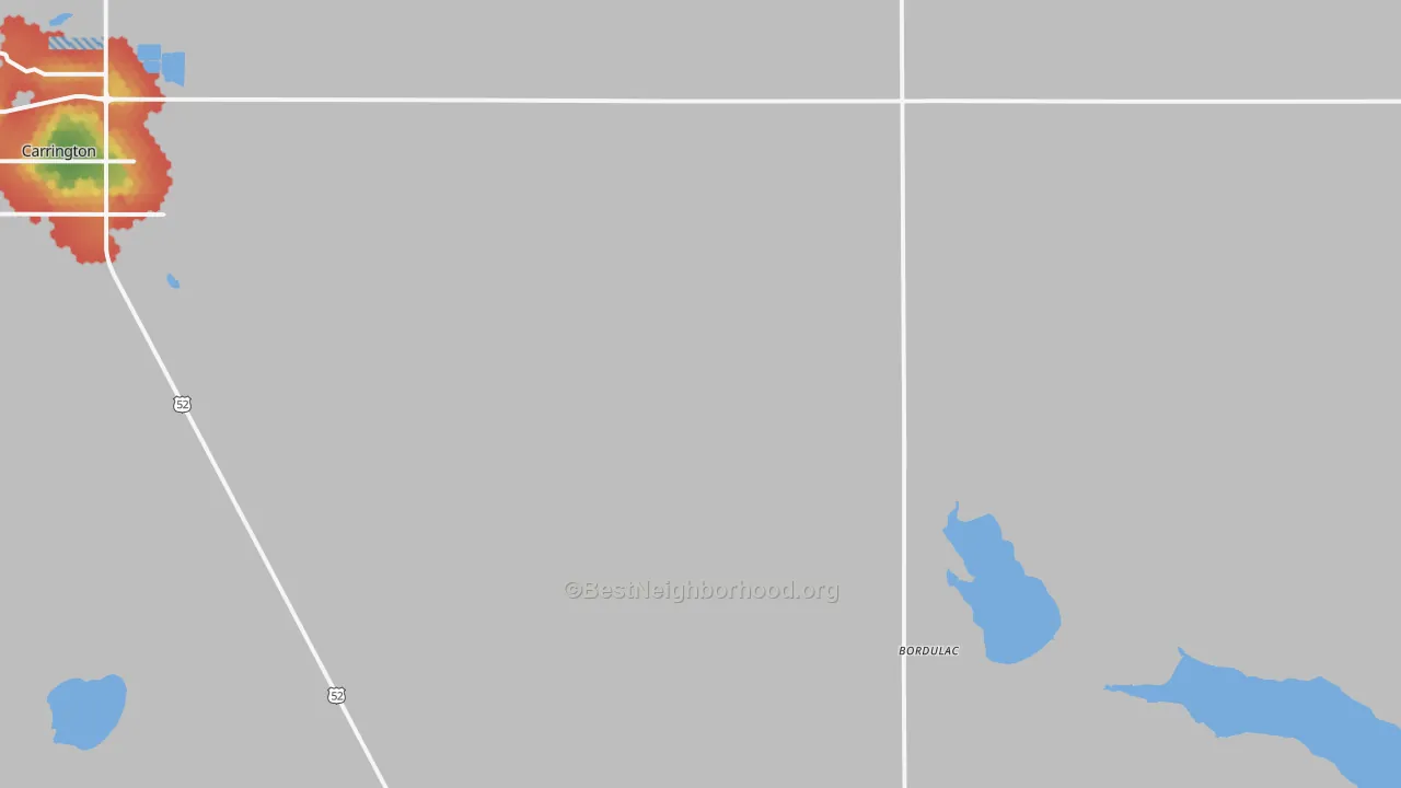 Walk Grade map of Bordulac, ND, walkable areas in green and car-dependent areas in red