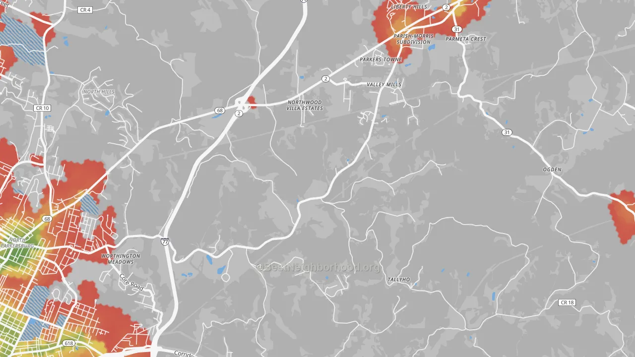 Walk Grade map of Boreman, WV, walkable areas in green and car-dependent areas in red