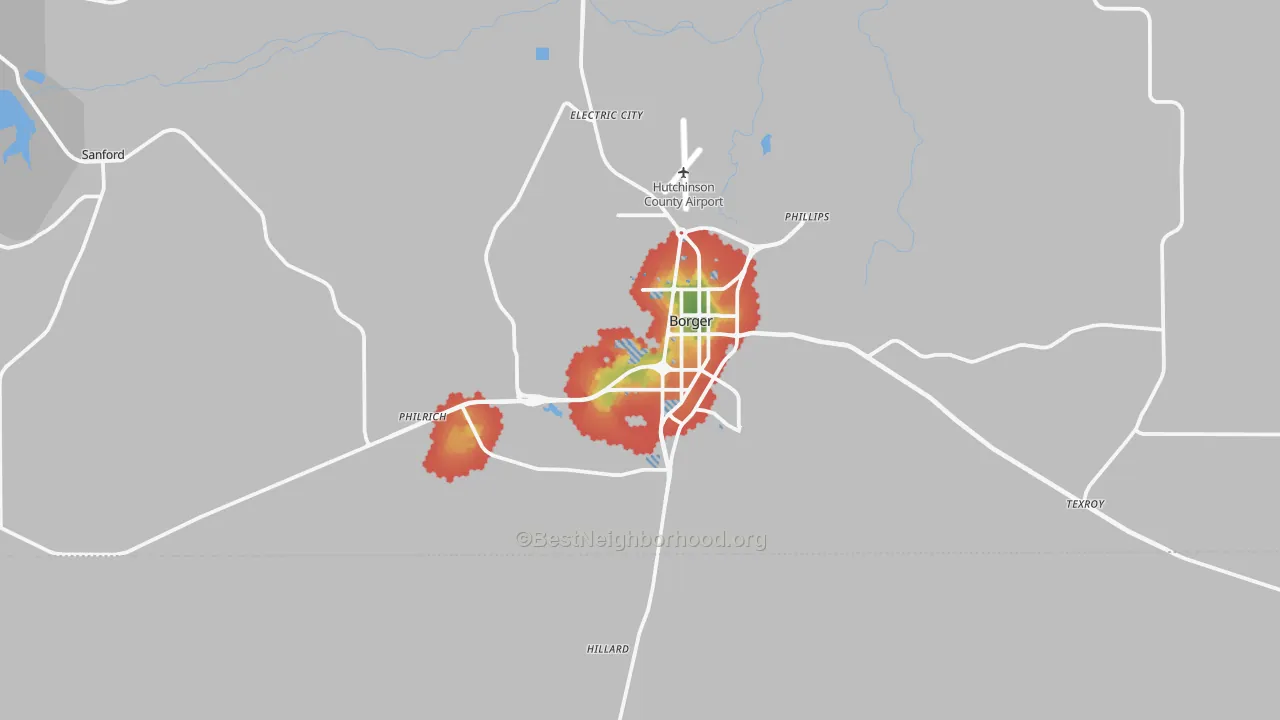 Walk Grade map of Borger, TX, walkable areas in green and car-dependent areas in red