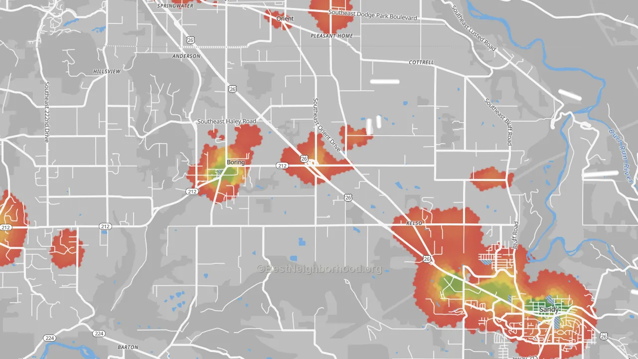 Walk Grade map of Boring, OR, walkable areas in green and car-dependent areas in red
