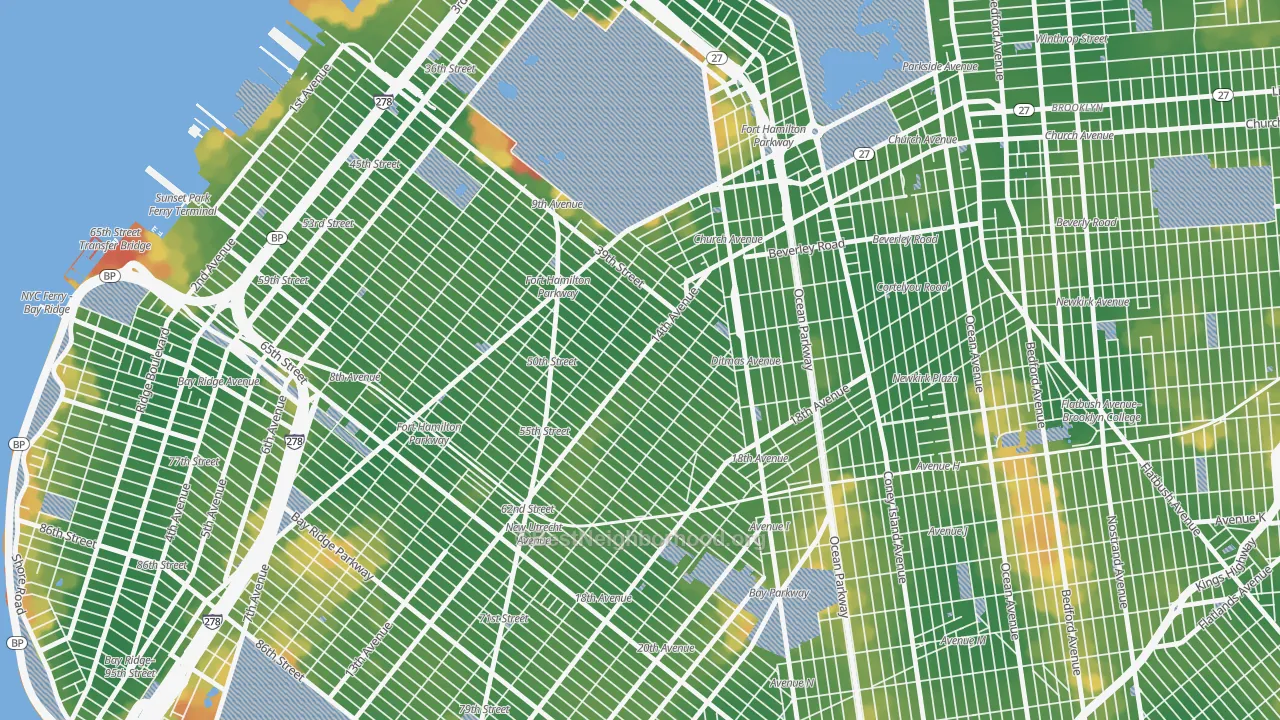 Walk Grade map of Borough Park, Brooklyn, NY, walkable areas in green and car-dependent areas in red