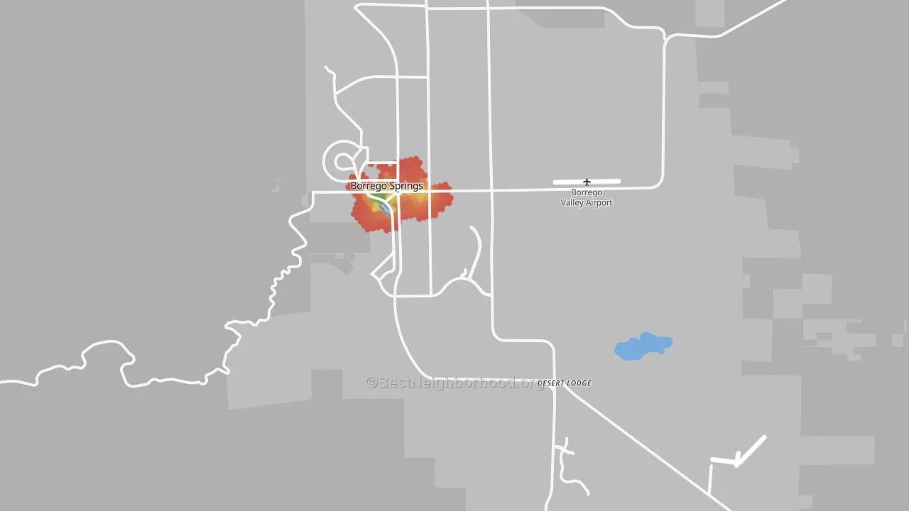 Walk Grade map of Borrego Springs, CA, walkable areas in green and car-dependent areas in red