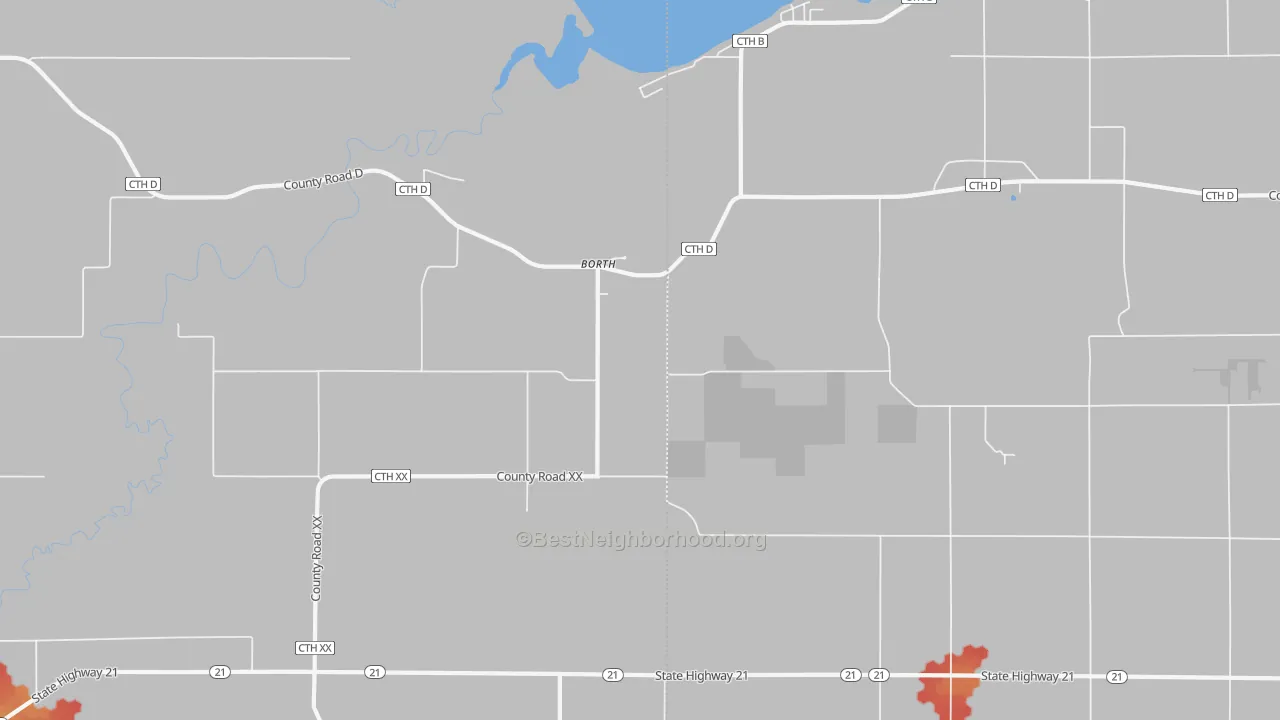 Walk Grade map of Borth, WI, walkable areas in green and car-dependent areas in red