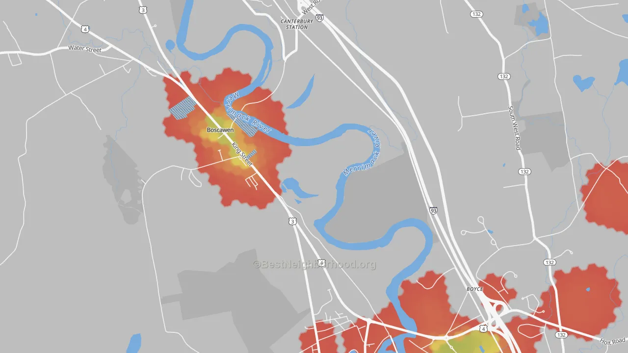 Walk Grade map of Boscawen, NH, walkable areas in green and car-dependent areas in red