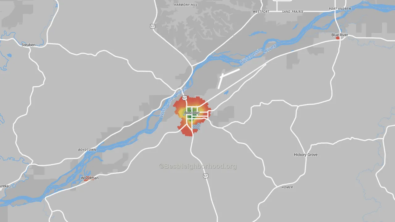 Walk Grade map of Boscobel, WI, walkable areas in green and car-dependent areas in red