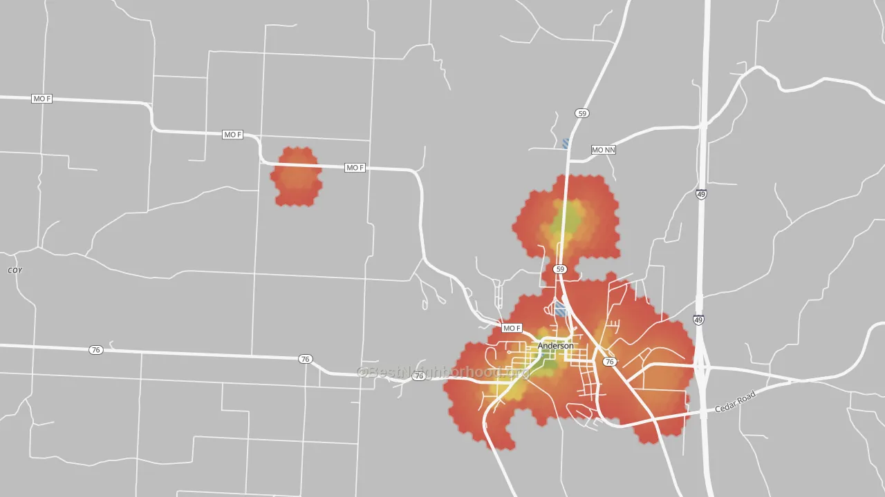Walk Grade map of Bosky Dell, MO, walkable areas in green and car-dependent areas in red