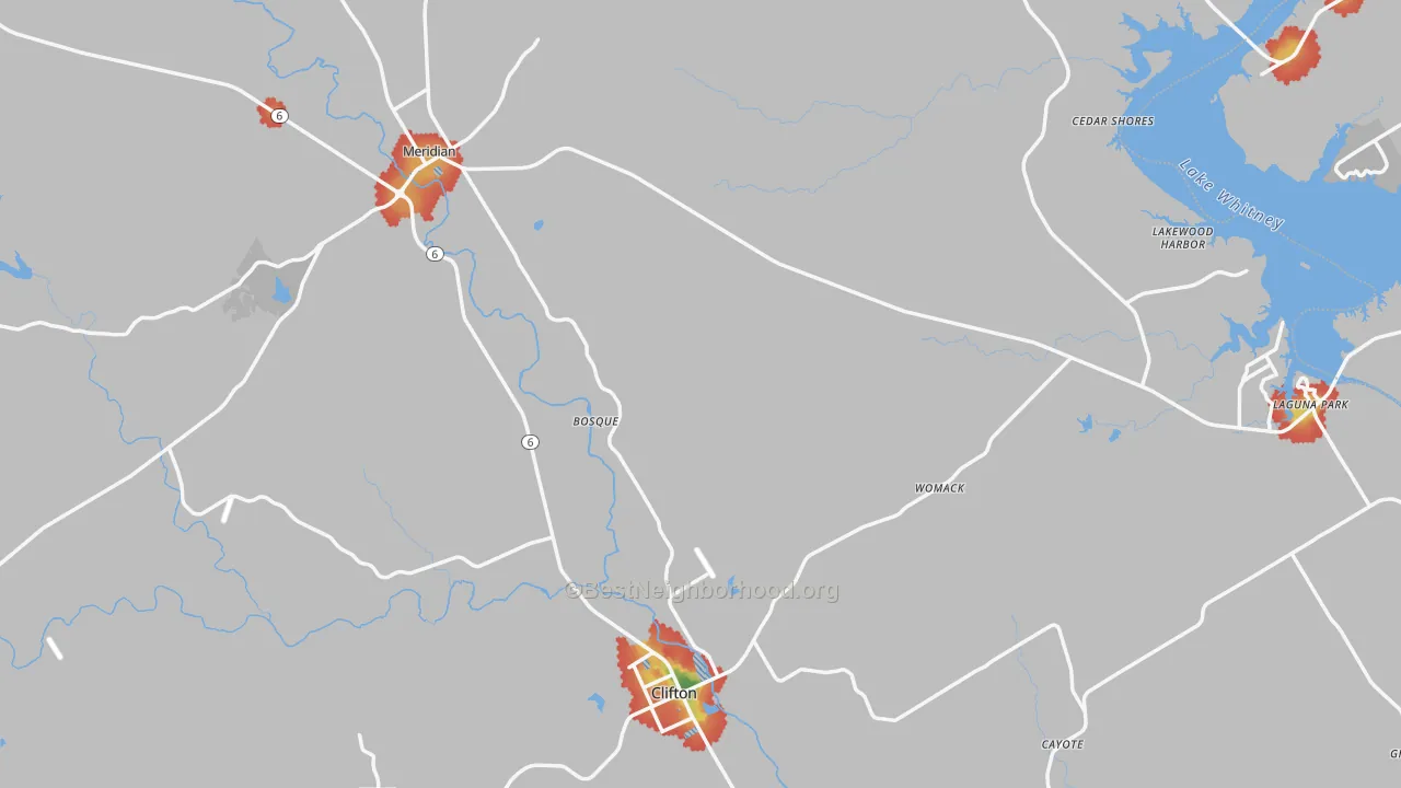 Walk Grade map of Bosque County, TX, walkable areas in green and car-dependent areas in red