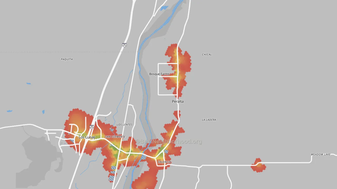 Walk Grade map of Bosque Farms, NM, walkable areas in green and car-dependent areas in red