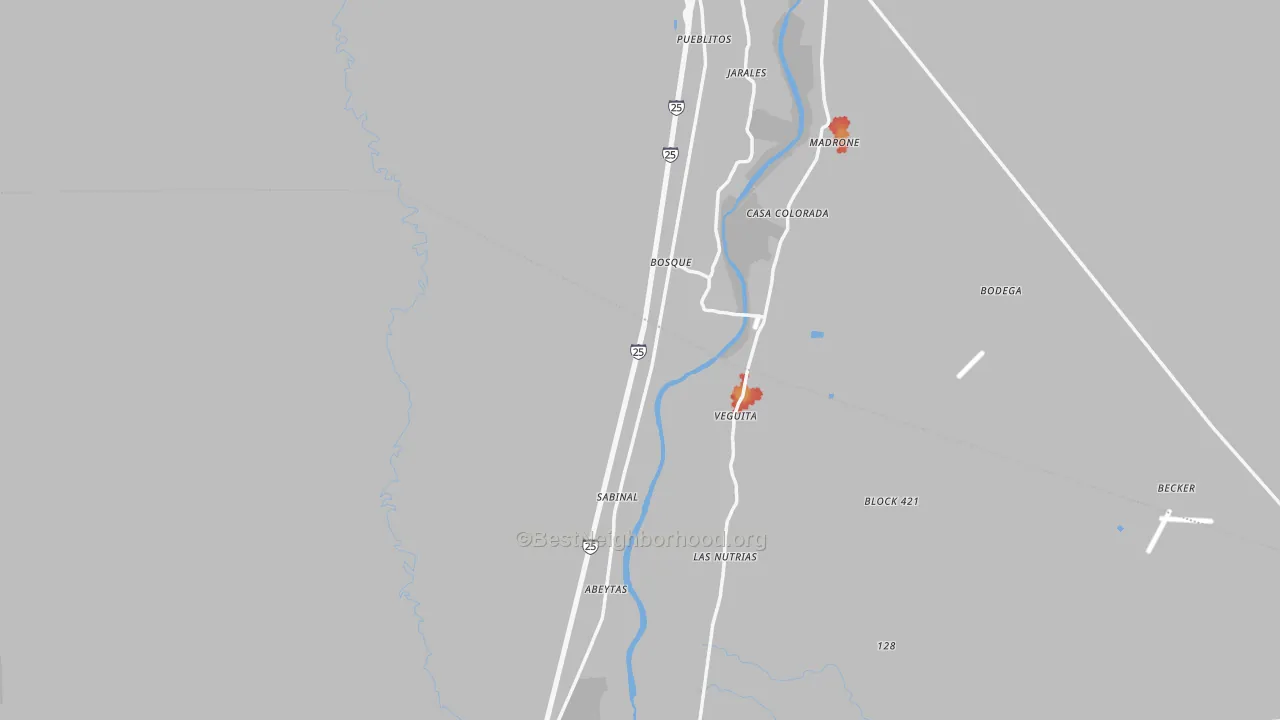 Walk Grade map of Bosque, NM, walkable areas in green and car-dependent areas in red