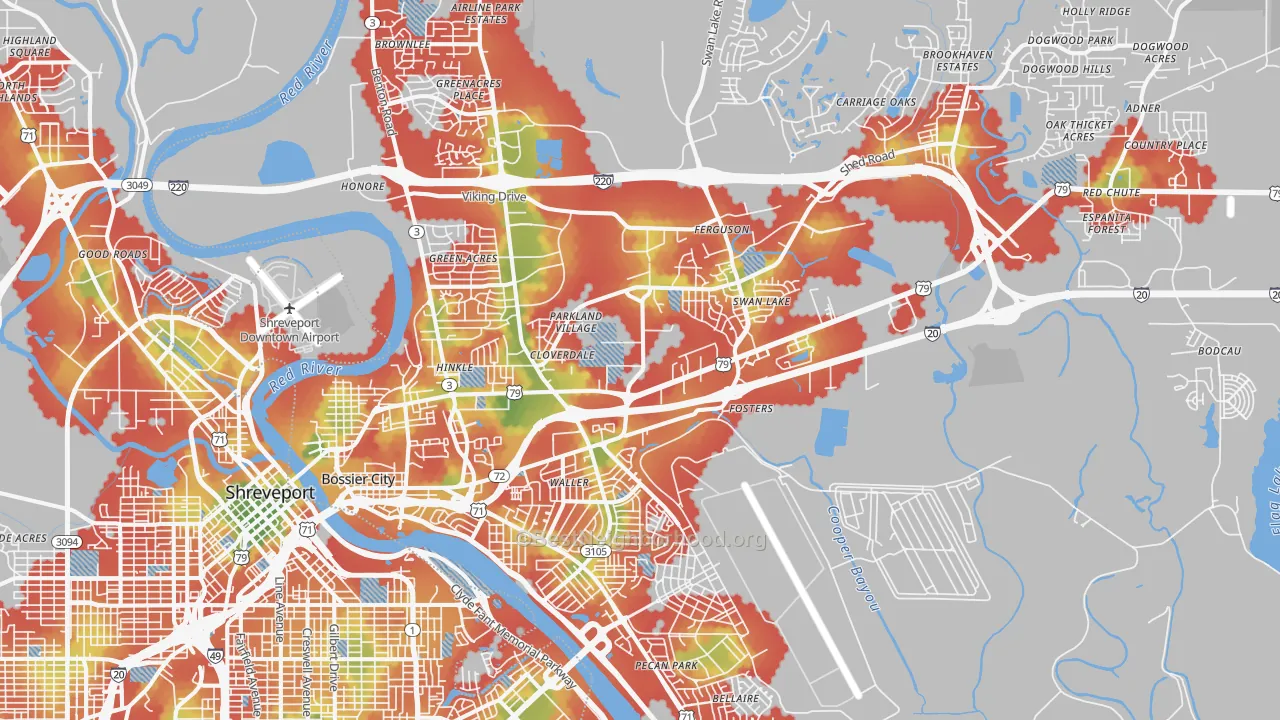 Walk Grade map of Bossier City, LA, walkable areas in green and car-dependent areas in red