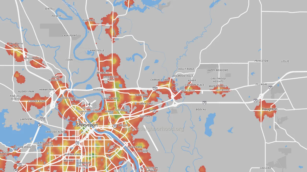Walk Grade map of Bossier Parish, LA, walkable areas in green and car-dependent areas in red