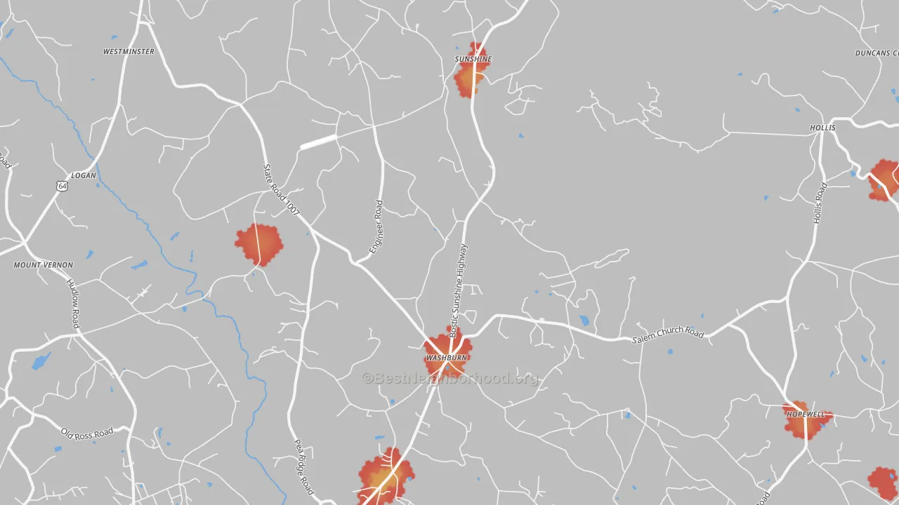 Walk Grade map of Bostic, NC, walkable areas in green and car-dependent areas in red