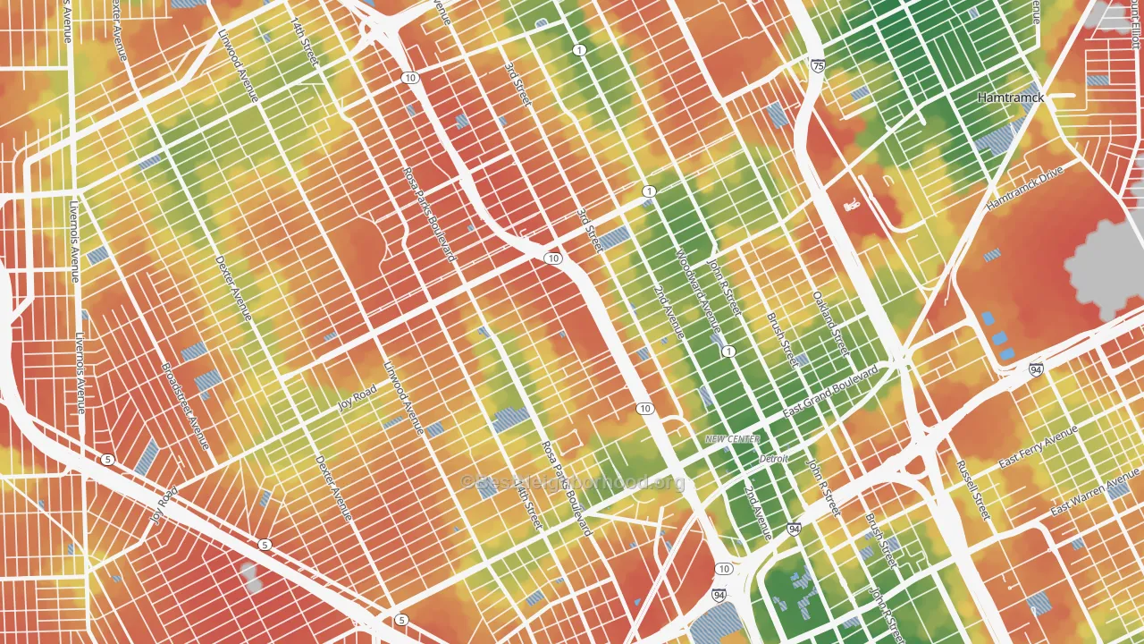 Walk Grade map of Boston Edison, Detroit, MI, walkable areas in green and car-dependent areas in red