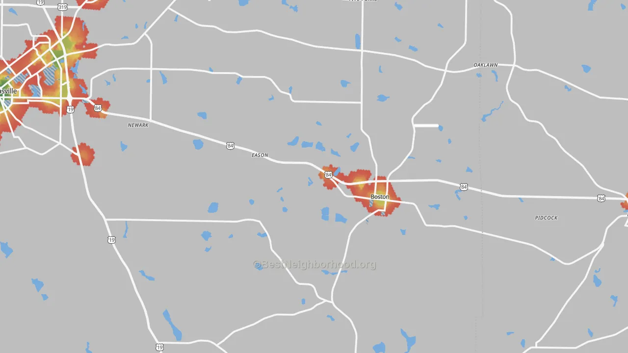Walk Grade map of Boston, GA, walkable areas in green and car-dependent areas in red