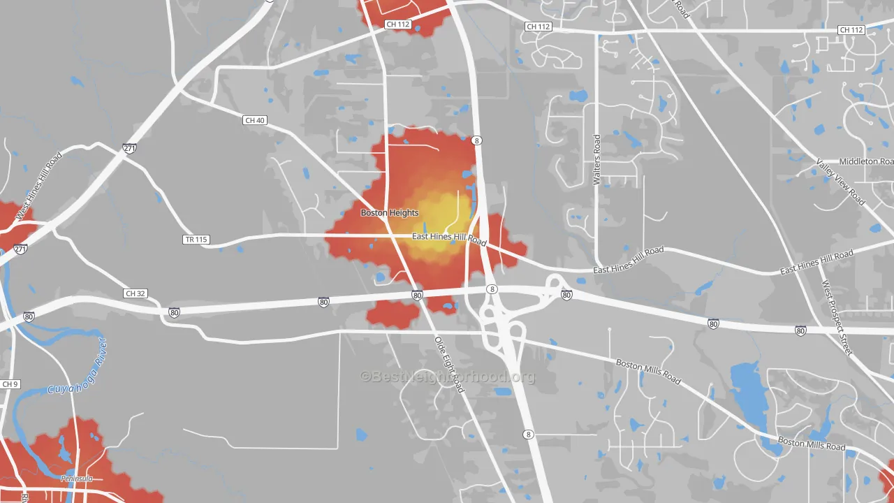 Walk Grade map of Boston Heights, OH, walkable areas in green and car-dependent areas in red