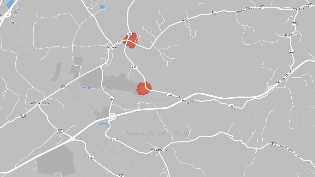 Walk Grade map of Boston, KY, walkable areas in green and car-dependent areas in red