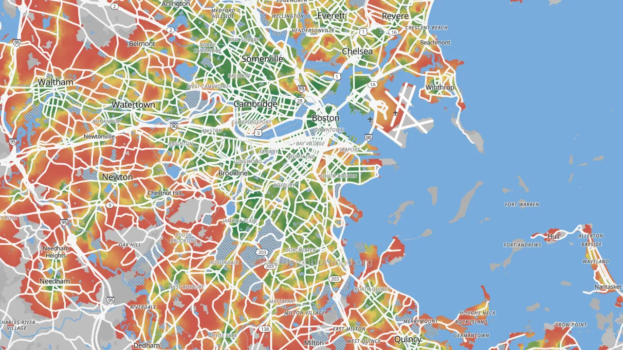 Walk Grade map of Boston, MA, walkable areas in green and car-dependent areas in red