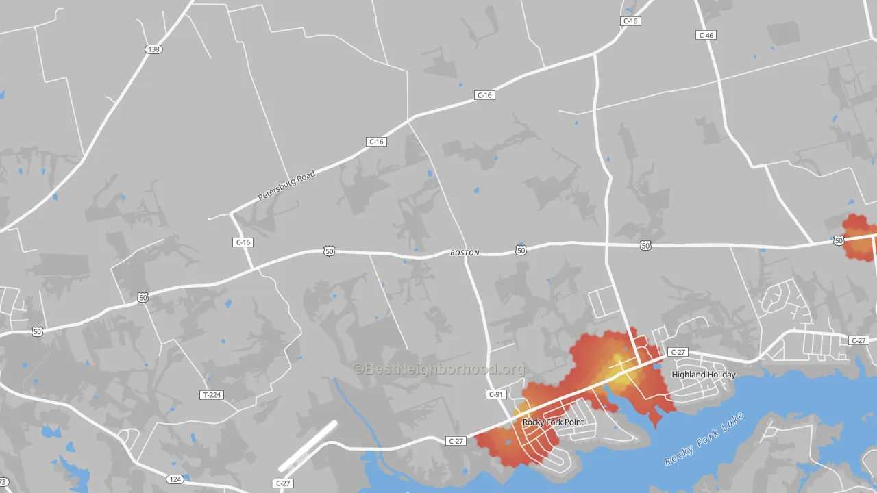 Walk Grade map of Boston, OH, walkable areas in green and car-dependent areas in red