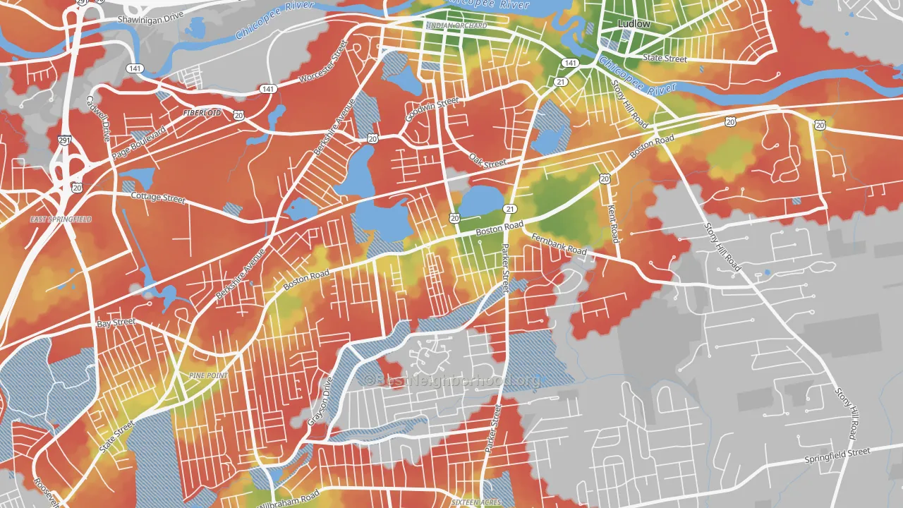 Walk Grade map of Boston Road, Springfield, MA, walkable areas in green and car-dependent areas in red