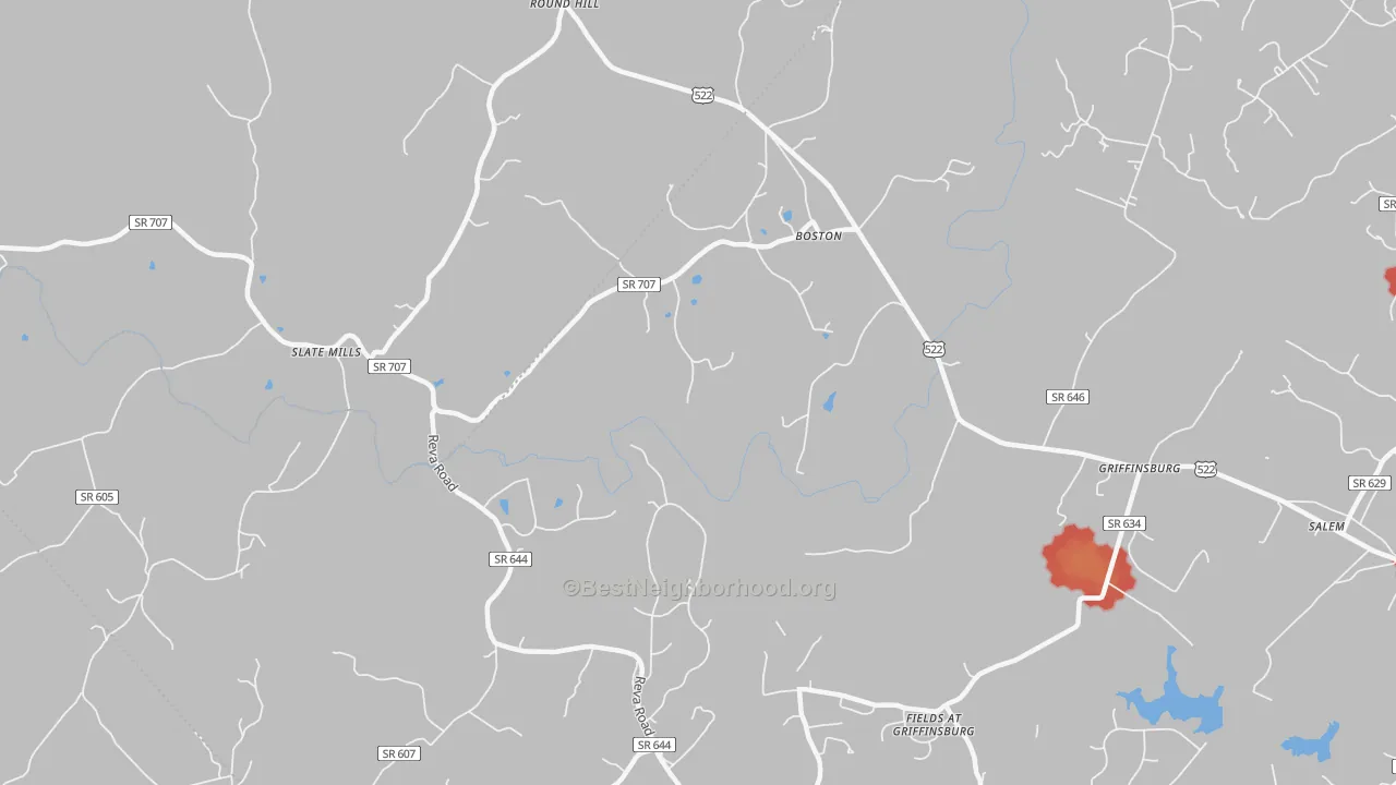 Walk Grade map of Boston, VA, walkable areas in green and car-dependent areas in red
