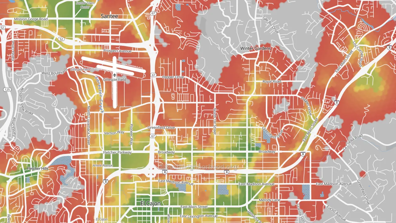 Walk Grade map of Bostonia, CA, walkable areas in green and car-dependent areas in red