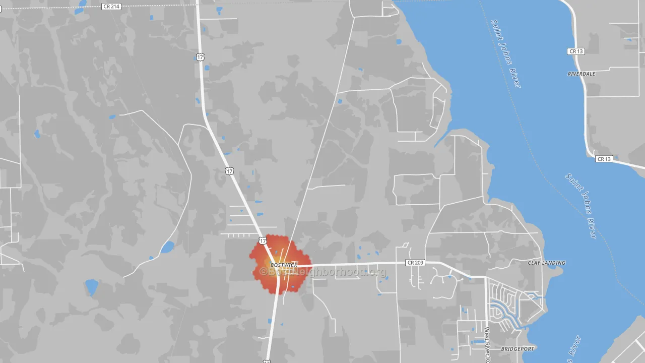 Walk Grade map of Bostwick, FL, walkable areas in green and car-dependent areas in red