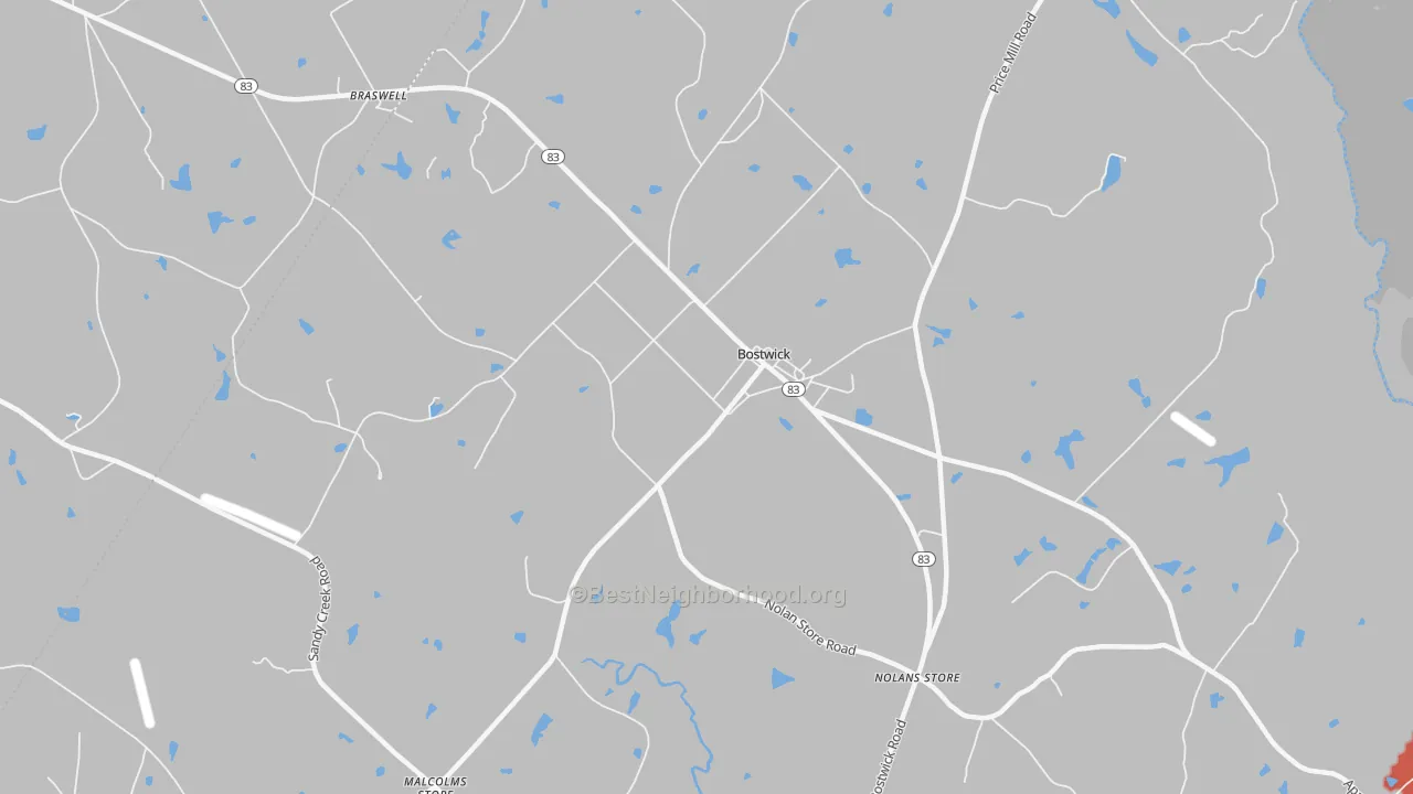 Walk Grade map of Bostwick, GA, walkable areas in green and car-dependent areas in red