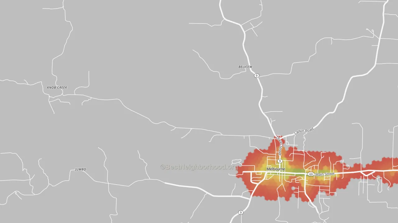 Walk Grade map of Boswell, AR, walkable areas in green and car-dependent areas in red