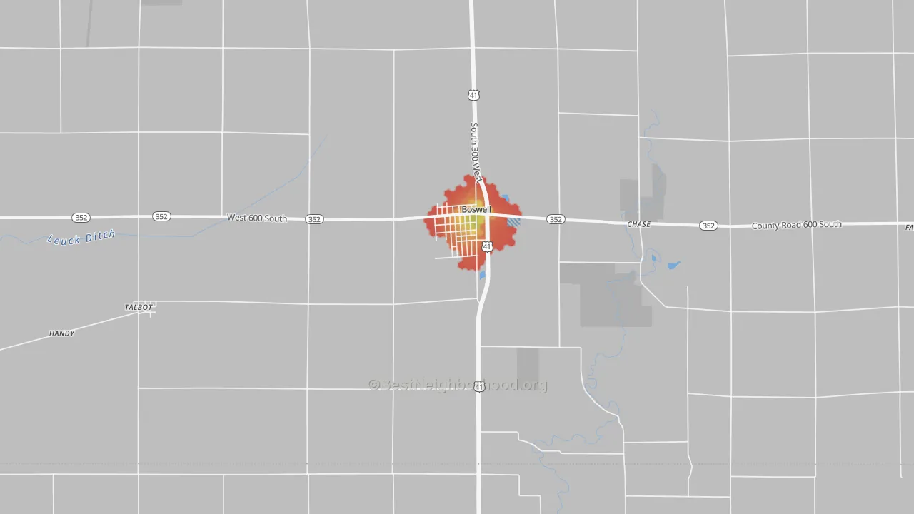 Walk Grade map of Boswell, IN, walkable areas in green and car-dependent areas in red